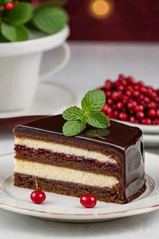 Create an image of a beautifully layered cake slice on a white plate. The cake should have distinct layers of chocolate, vanilla, and mousse, topped with a glossy chocolate ganache. Decorate the plate with fresh mint leaves and sugared cranberries. The background should include a festive setting with a red cloth and a whole cake in soft focus.