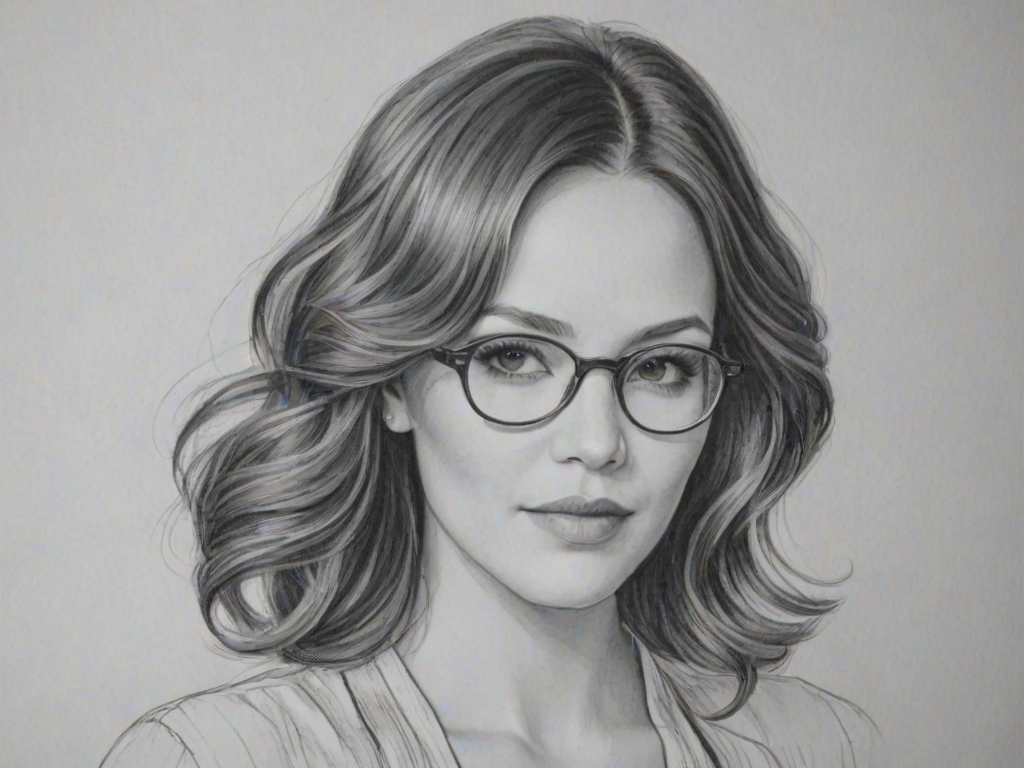 Enchanting Katharine McPhee, pencil sketch, portrait of Elegant woman 1942s in glasses, hair style beatnik, outline, clear lines, fine lines, 8k