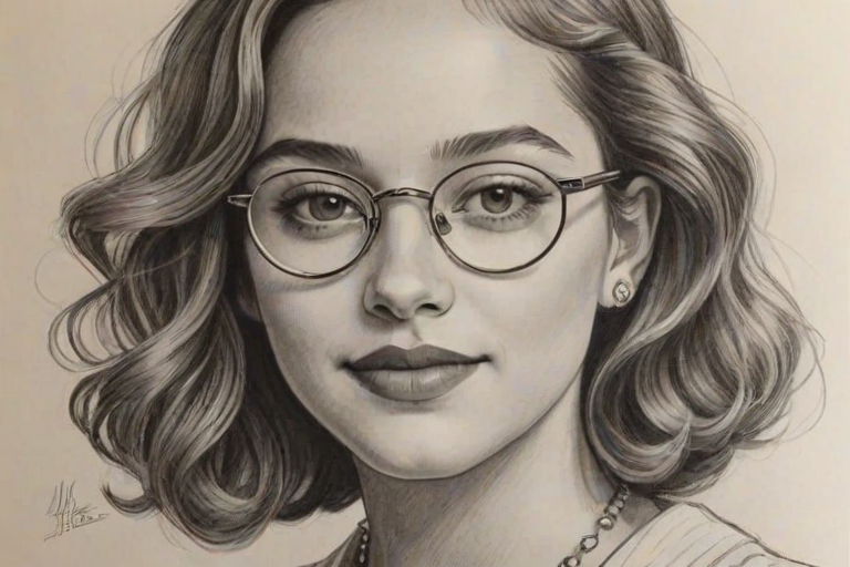 Radiant Kenzie Ziegler, pencil sketch, portrait of Magnificent woman 1926s in glasses, hair style beatnik, outline, clear lines, fine lines, 8k