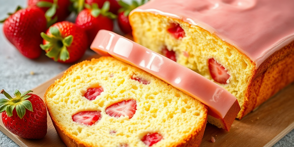 Create an image of a sliced loaf cake with a light yellow sponge and visible pieces of strawberries inside the cake. The top of the cake is glazed with a shiny pink icing, and the slices are arranged on a textured surface with some whole strawberries in the background. The setting should evoke a fresh and inviting dessert scene.