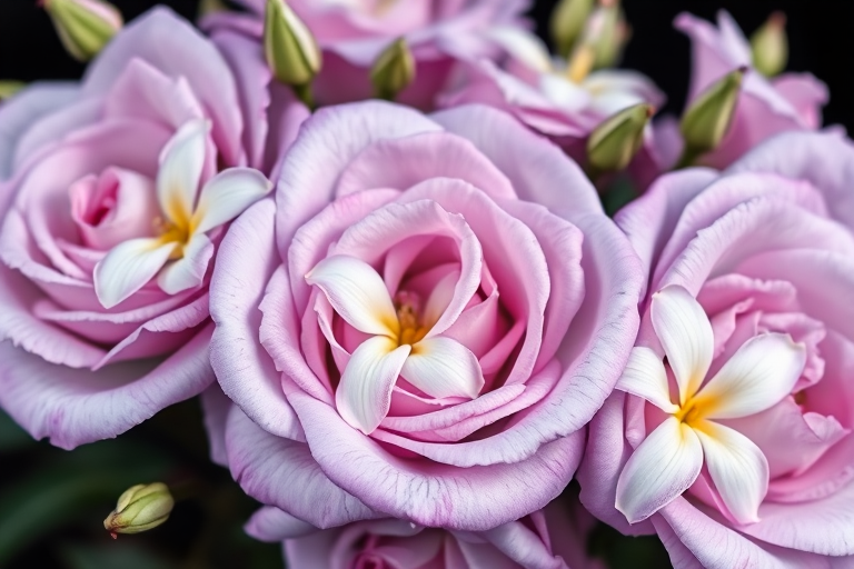 High-quality close-up of lavender roses with white jasmine flowers on a black background, macro lens, f/2.8 aperture, 100mm focal length, natural soft lighting, DSLR camera.