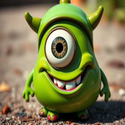 Create a cartoonish green bell-shaped monster with one large eye and a toothy smile, using vibrant colors and a glossy finish, captured with a DSLR camera at f/2.8, ISO 100, 50mm lens, in bright daylight for enhanced image quality and detail.