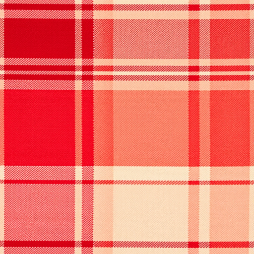 create a high-resolution texture of a plaid pattern featuring alternating squares in warm red, peach, and cream tones using a DSLR camera with a 50mm lens at f/8, ISO 100, and a focus distance of 1 meter, shot from a flat overhead angle to capture intricate details and color depth