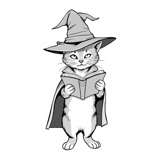 A grayscale illustration of a cat wearing a witch's hat and cloak. The cat is standing on its hind legs and is holding a spellbook in its paws and reading it intently. The hat is tall and pointed, with a wide brim and a pointed top. The cloak is draped over the cat's body, covering its body. The background is plain white, making the cat and the book the focal point of the image.