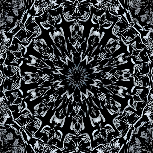 Generate an abstract image of a geometric pattern in black and white with intricate designs, taken with a DSLR camera at 50mm, f/1.8 aperture, ISO 100, using a top-down view and soft-focus style for a dreamy effect.