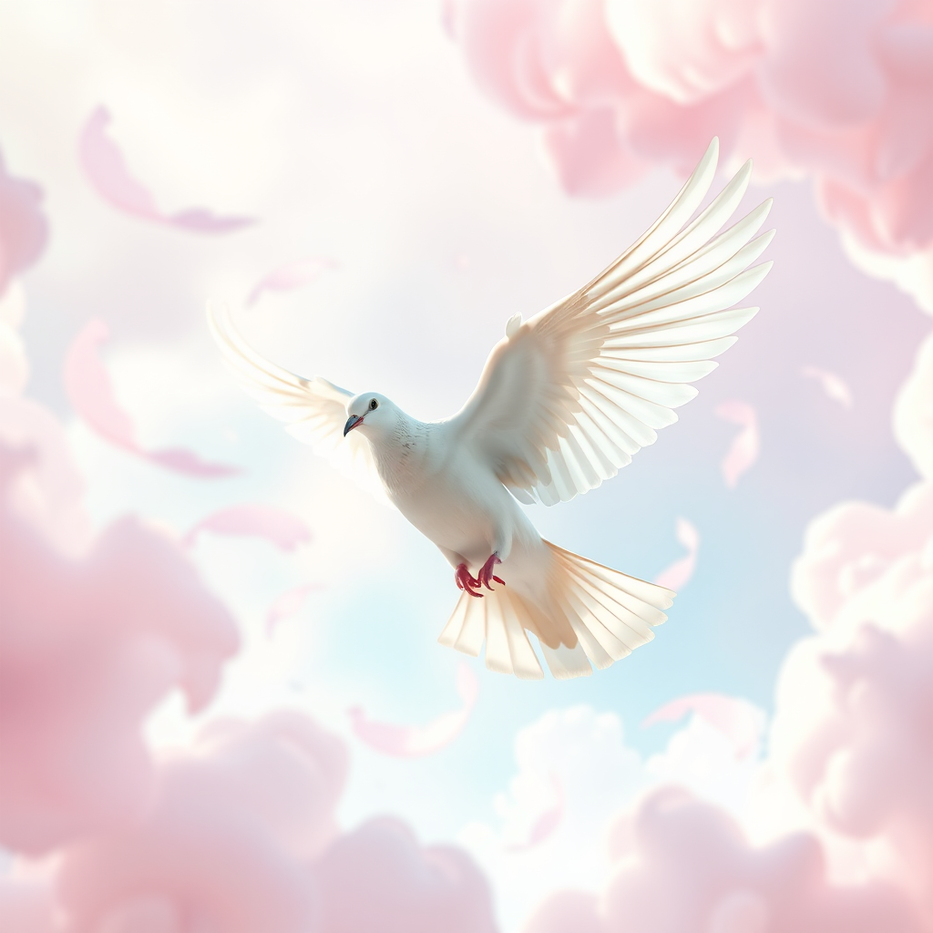 Create a surreal digital art image of a white dove soaring gracefully amidst ethereal pastel-colored backgrounds featuring abstract wing shapes, with soft lighting and a focus on the dove, using a DSLR camera at f/2.8, ISO 100, 50mm lens, shot from a low angle to enhance depth and clarity.