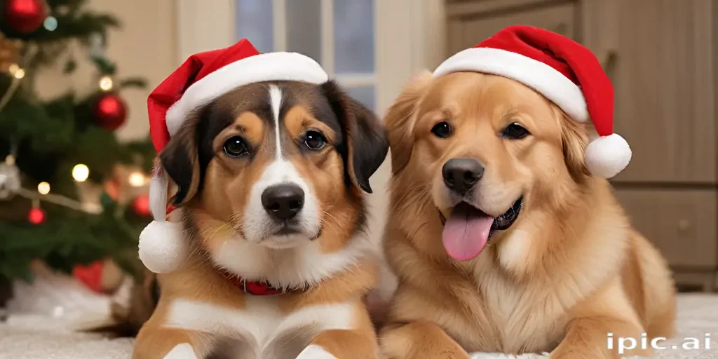 Two Adorable Dogs Wearing Santa Hats in a Festive Holiday Setting