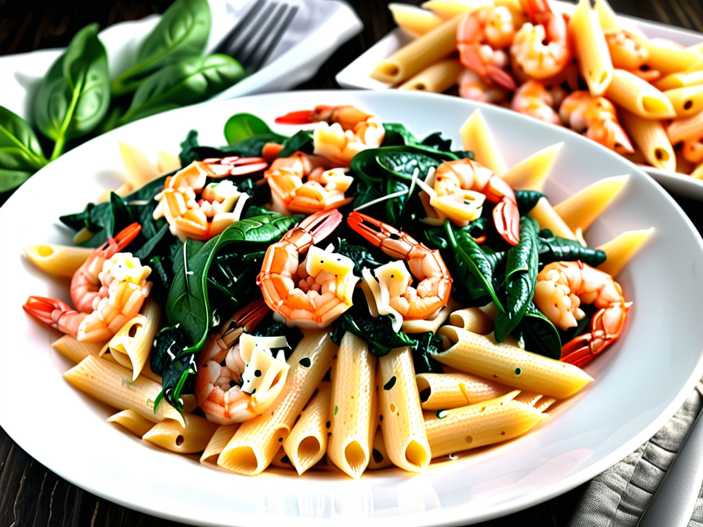 cheese shrimp penne pasta & spinach