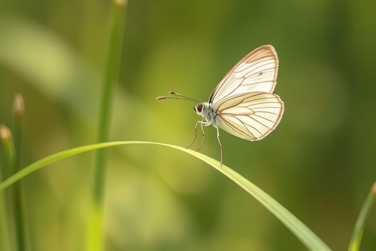 Generate an image of a delicate white butterfly perched on a slender green grass blade, with a soft blurred background that emphasizes the butterfly's intricate wing patterns. The scene should evoke a sense of tranquility and natural beauty, capturing the details of the butterfly and the gentle hues of the surrounding environment.
