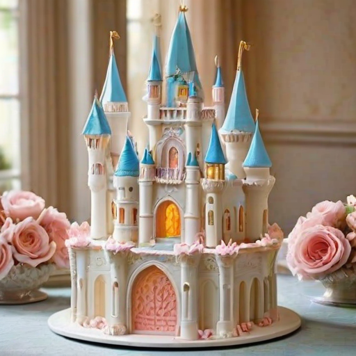 Create an elaborate cake design resembling a grand castle, featuring intricate details like spires, arches, and decorative elements. The cake should be predominantly white with delicate pastel accents, surrounded by floral decorations and a whimsical atmosphere. Include a central entrance that leads to a beautifully crafted scene, and ensure the overall structure is impressive and visually stunning.