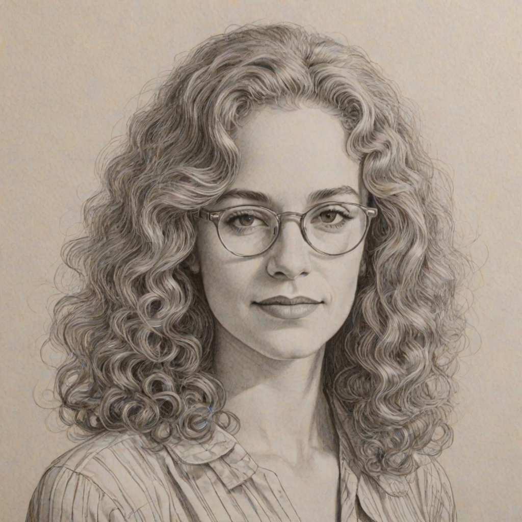 Sublime Carole King, pencil sketch, portrait of Sublime woman 1971s in glasses, hair style beatnik, outline, clear lines, fine lines, 8k
