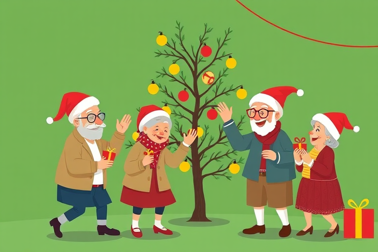Create a festive illustration of a Christmas party for elderly people with a whimsical tree, featuring joyful seniors in Santa hats dancing and holding gifts, set against a solid green background; use a digital art style, shot with a Canon EOS R5 at f/8, 1/125s, ISO 200, with a vibrant color palette to enhance detail and clarity.