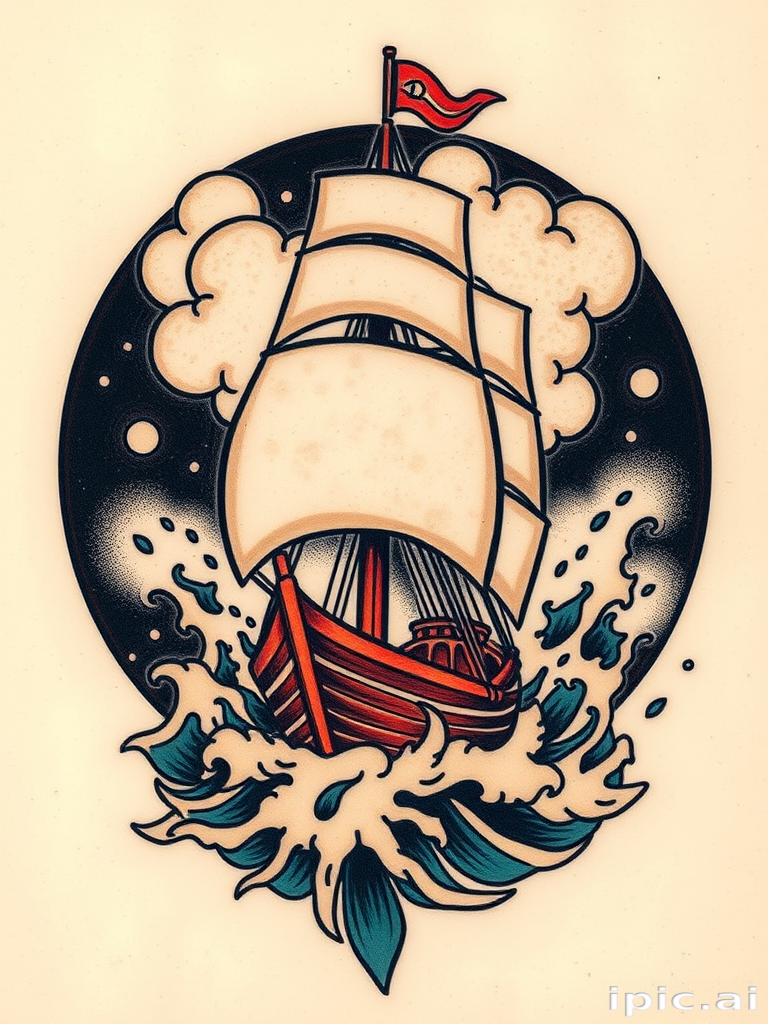 Old school traditional tattoo named "Sailor's Fortune" depicting a ship in stormy seas with bold outlines, limited color palette, and classic maritime imagery
