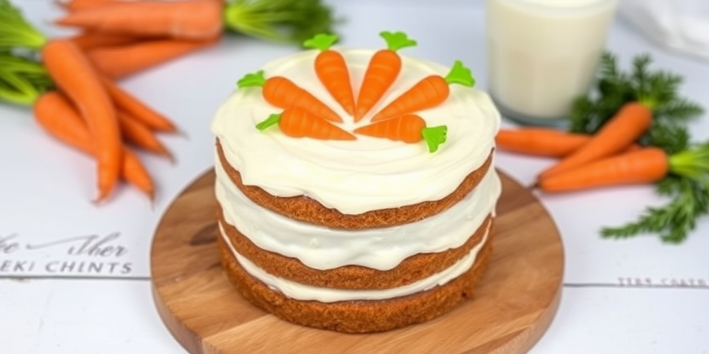 A beautifully decorated carrot cake with layers of moist cake and cream cheese frosting adorned with colorful carrot decorations, placed on a wooden board with some fresh carrots and a glass of milk in the background.