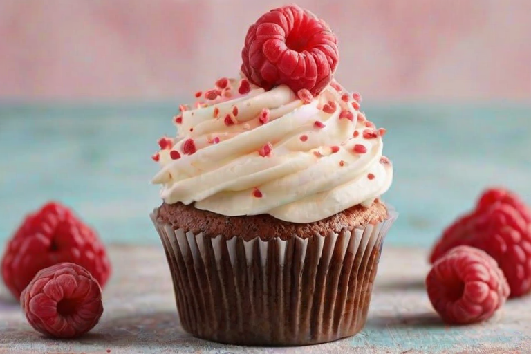 Create a vibrant and appetizing image of a cupcake topped with creamy frosting. The cupcake should be adorned with fresh raspberries and a sprinkle of red edible decorations. The background should be soft and blurred to emphasize the cupcake, making it look delicious and inviting.