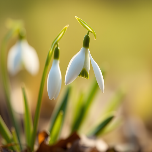 a close-up of a snowdrop flower in soft focus, 50mm lens, aperture f/2.8, shutter speed 1/200 sec, ISO 100, natural soft lighting, macro photography, DSLR camera