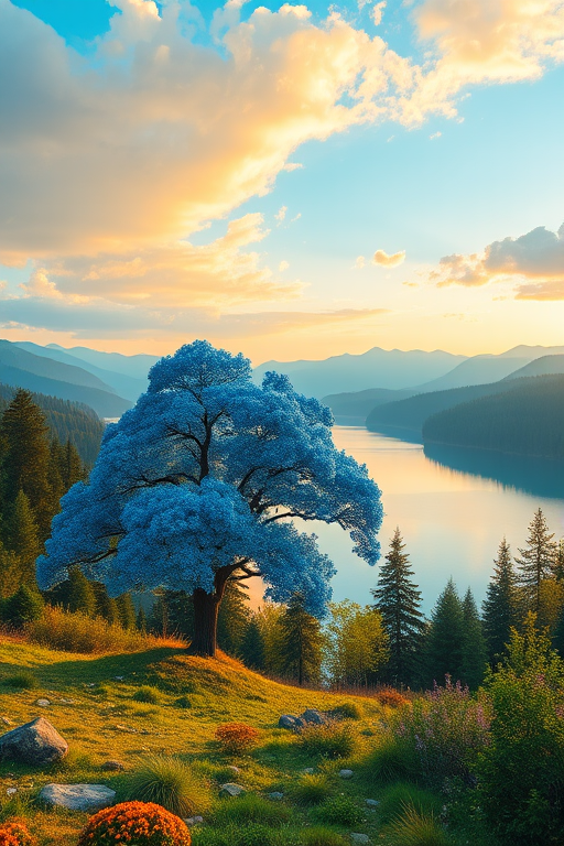 Create a vibrant landscape illustration featuring a blue tree beside a serene lake surrounded by green forests and distant mountains at dawn, using a high-resolution digital art style with soft pastel colors, 35mm camera lens, aperture set to f/8 for depth of field, and a panoramic view to capture the expansive scene.