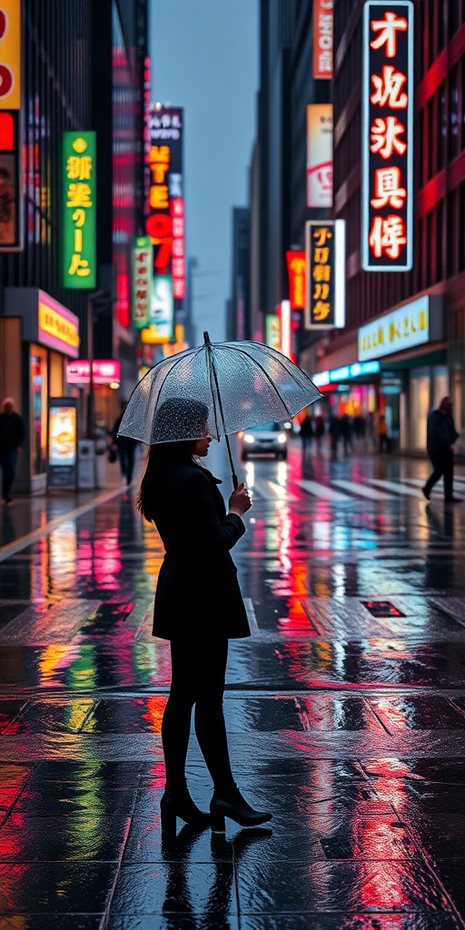 Rain-soaked city street, reflections of neon signs glowing in puddles, a woman standing at a crosswalk holding a clear umbrella, her silhouette framed by the vibrant lights.