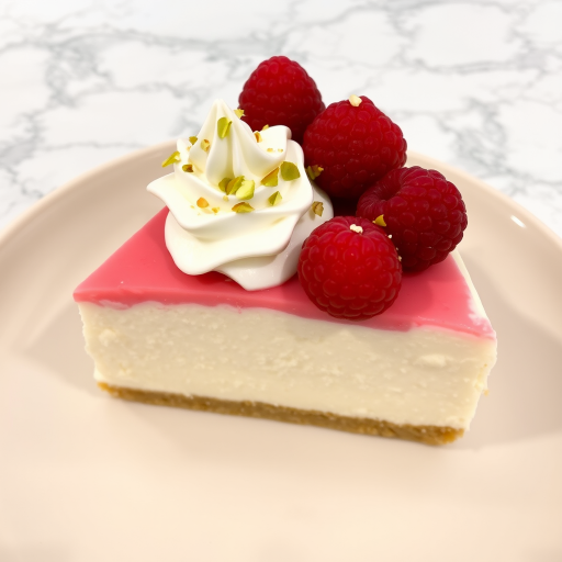 A slice of cheesecake with a smooth creamy texture featuring a layer of pink raspberry-flavored topping, garnished with fresh raspberries and a swirl of whipped cream, sprinkled with crushed pistachios, served on a light-colored plate against a marble background.