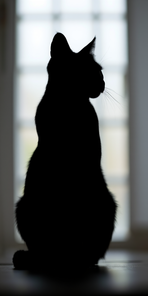 Generate a high-quality image of a minimalist black silhouette of a cat sitting, captured with a DSLR camera at f/2.8 aperture, ISO 100, and a shutter speed of 1/500s, in a close-up view with a soft focus background to enhance detail and depth.