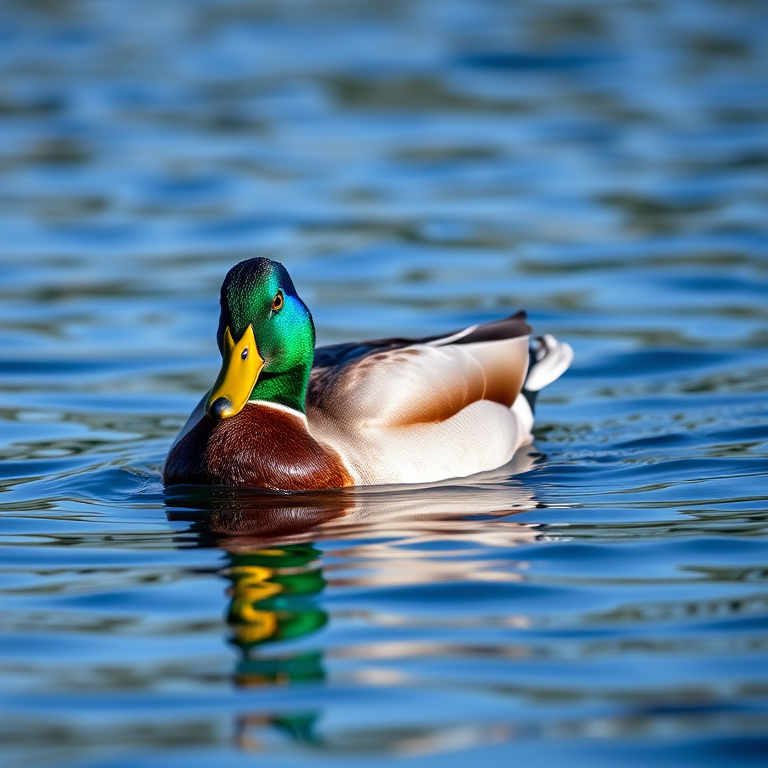 Capture a vibrant male mallard duck swimming on a shimmering blue lake, with focus on the iridescent green head, using a DSLR camera at f/4, ISO 200, 1/1000 sec, in natural light, with a shallow depth of field to blur the background, from a low angle to highlight the duck's reflection on the water.