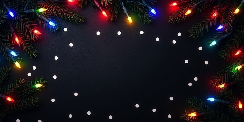 Create an image featuring a dark background adorned with colorful Christmas lights and pine branches. Include small round confetti pieces scattered across the scene to enhance the festive atmosphere. The composition should have a balanced arrangement of the branches and lights, creating a cozy holiday feel.