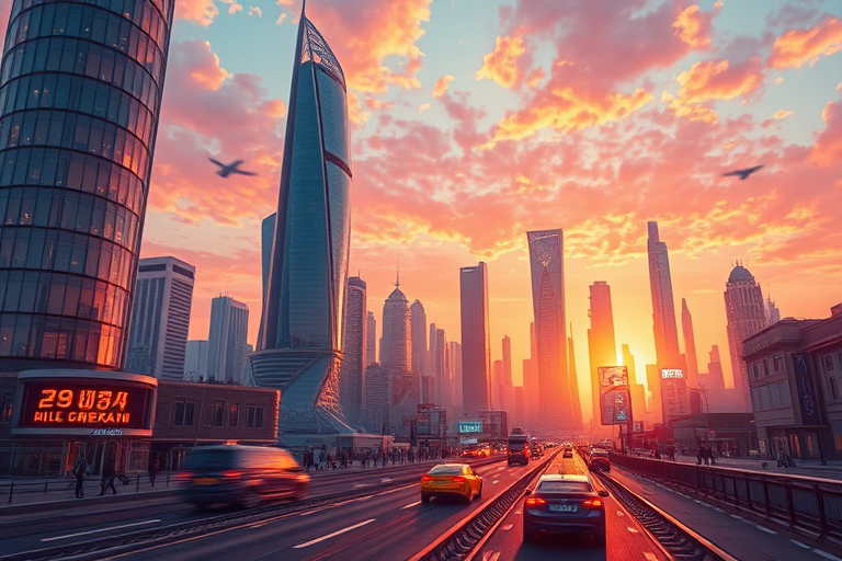 Generate a vibrant illustration of a futuristic cityscape at sunset, with flying cars and tall glass skyscrapers, shot with a Canon EOS R5, 24mm lens, f/8 aperture, ISO 100, capturing a wide-angle view and enhanced brightness and contrast.