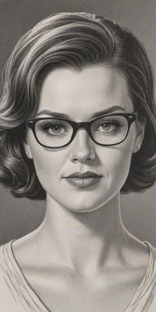 Charming Sara Rue, pencil sketch, portrait of Appealing woman 1955s in glasses, hair style beatnik, outline, clear lines, fine lines, 8k