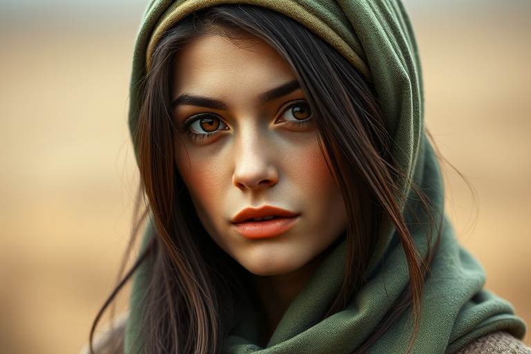 Create a portrait of a young Georgian woman with long, dark hair and captivating hazel eyes. She is wearing a green headscarf and a matching scarf draped gracefully around her neck. The background is softly blurred, focusing attention on her serene and natural expression. The overall color palette is muted and warm, enhancing the intimate and authentic feel of the portrait.