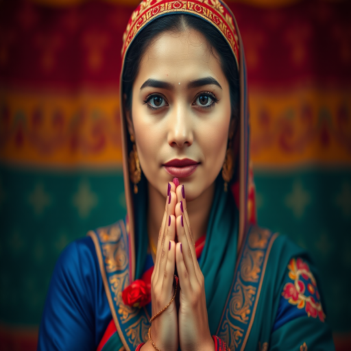 Generate an image of a woman in traditional attire with hands in a prayer position, using a Canon EOS R5 camera, 50mm lens, f/1.8 aperture, ISO 100, front view, high contrast colors, sharp focus on facial features, vibrant background.