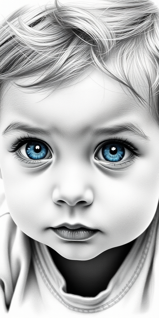 A hyperdetailed photorealistic black and white sketch of a beautiful toddler with deep blue eyes, with a macro focus