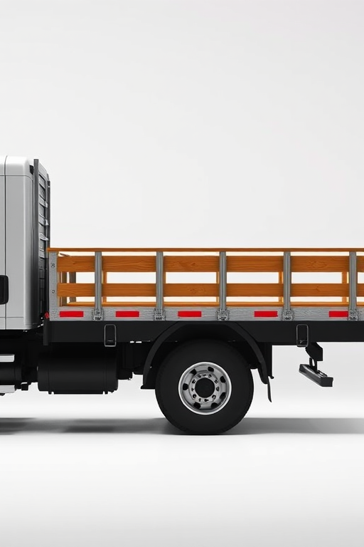 high-quality side view of a modern flatbed truck, 35mm lens, f/8 aperture, ISO 100, soft studio lighting, high-resolution digital camera, minimalistic background