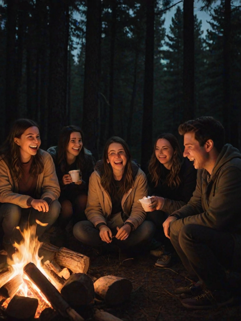 Low-resolution snapshot of a group of friends gathered around a campfire, roasting marshmallows, soft orange glow illuminating their faces, laughter frozen in the moment, dark woods surrounding them, a few tents pitched in the background, stars twinkling faintly in the sky above.
