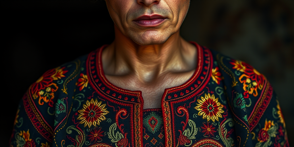 Face, shoulders, chest covered in openwork Tajik embroidery. Raw, unedited image.
