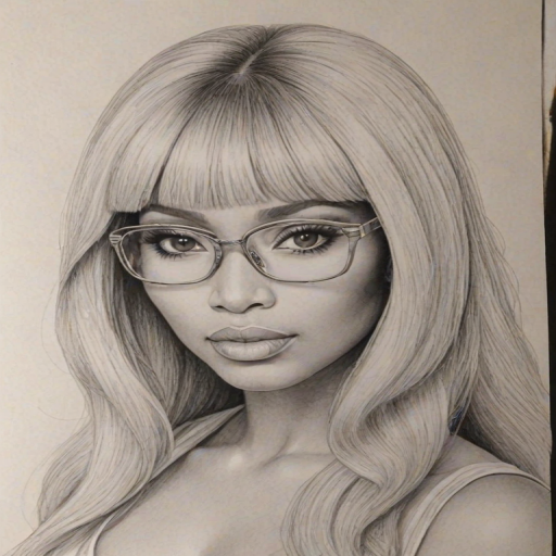 Stunning Nicki Minaj, pencil sketch, portrait of Gorgeous woman 1970s in glasses, hair style beatnik, outline, clear lines, fine lines, 8k
