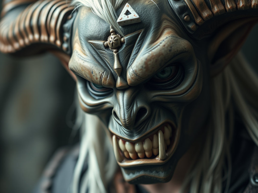 Regenerate an image of a horned figure with an angry expression, realistic mask details, and textured white hair, captured with a DSLR camera at f/2.8, ISO 400, 1/60s shutter speed, focused in close-up, with a shallow depth of field to blur the background.