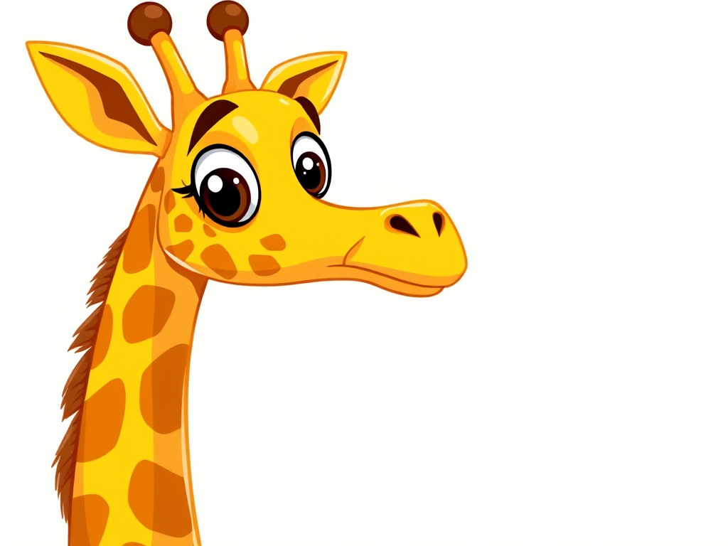 create a cartoon illustration of a giraffe with a tall neck and large eyes, use vibrant yellow and brown colors, ensure a playful expression, apply 50mm lens, f/2.8 aperture, and natural lighting for enhanced brightness and detail, digital illustration style.