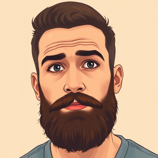 Create a high-resolution portrait illustration of a bearded man with thoughtful expressions and a warm color palette, using a DSLR camera with a 50mm lens, f/1.8 aperture, ISO 100, natural light, and shallow depth of field for enhanced clarity.