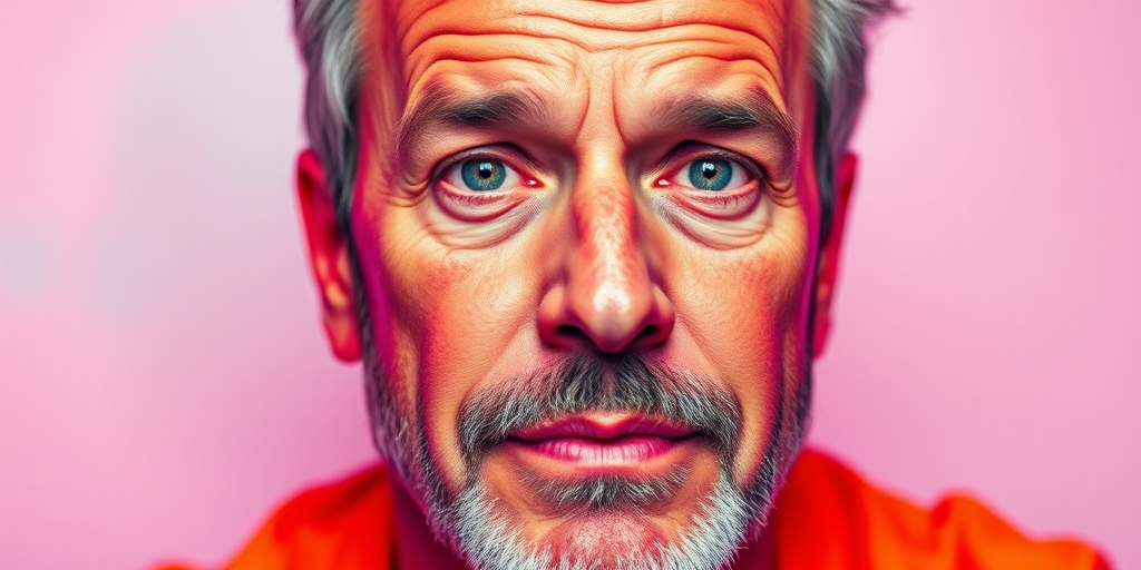 Create a vibrant portrait of a middle-aged man with strong features, emphasizing bold colors and graphic lines, using a DSLR camera with a 50mm lens at f/1.8, capture from a slightly low angle to enhance facial prominence, in a pop art style with soft focus background for a dreamy effect.