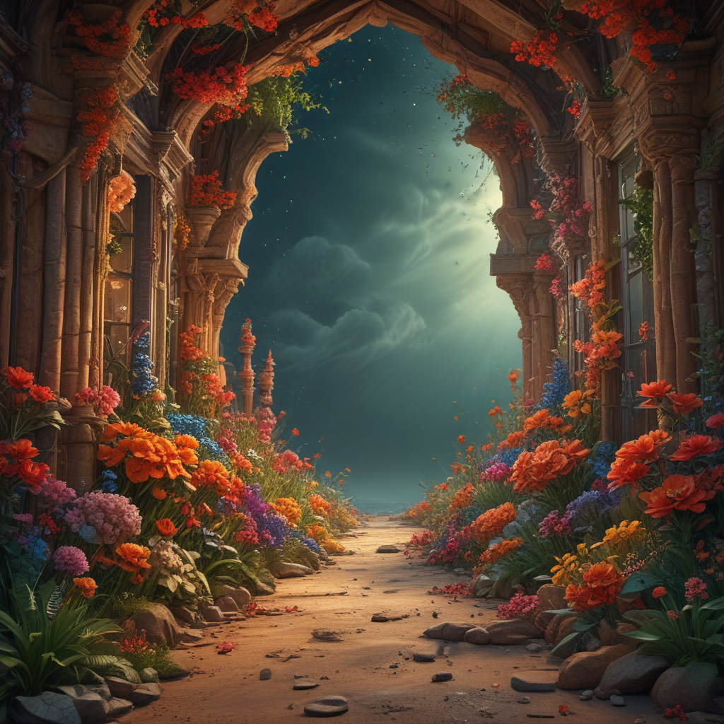 Enchanting Garden Pathway Framed by Lush Flowers and Ancient Archways