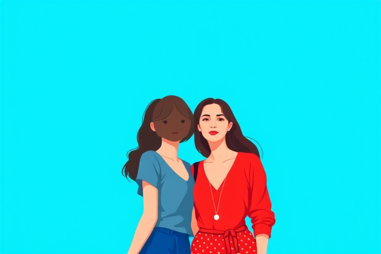 Create a digital illustration of two women standing side by side against a bright blue background, using vector art style with flat colors and minimal shading; camera settings: aperture f/4, shutter speed 1/125, ISO 100; camera view: eye-level; camera style: modern digital art; camera type: DSLR.