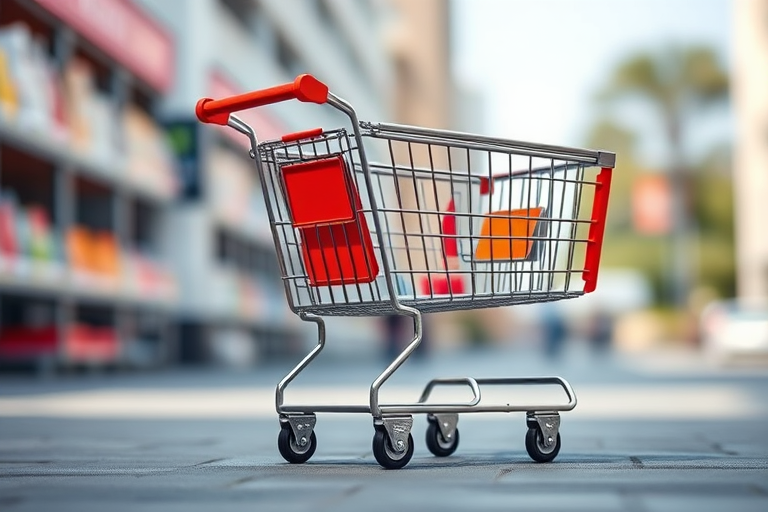 Create a detailed vector illustration of a shopping cart, including intricate designs and shading, photographed from a low angle with a 50mm lens, f/1.8 aperture, 1/100 sec shutter speed, in natural daylight, using a DSLR camera for high resolution and clarity.