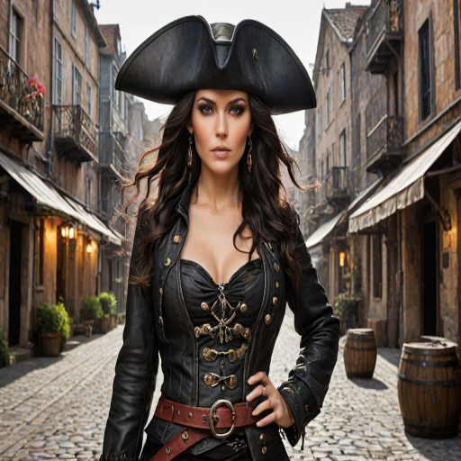 Create a portrait of a fierce female pirate. She wears a leather tricorn hat adorned with a skull and crossbones emblem, and her long, dark hair flows around her face. Her outfit consists of a richly detailed leather jacket, a corset, and multiple layers of belts and accessories, giving her a formidable and stylish appearance. She stands confidently in a dimly lit, historic port town, with a backdrop of weathered buildings and cobblestone streets, capturing the adventurous spirit of a pirate.