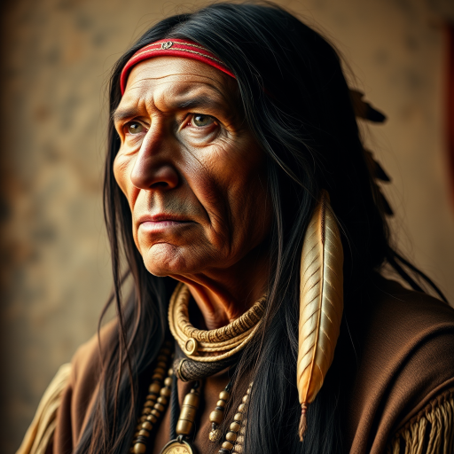 Create a high-resolution vintage portrait of a Native American man with long hair and traditional attire, using a DSLR camera with a 50mm lens, aperture f/1.8, ISO 100, natural lighting, and a shallow depth of field to highlight facial details against a textured, aged background.