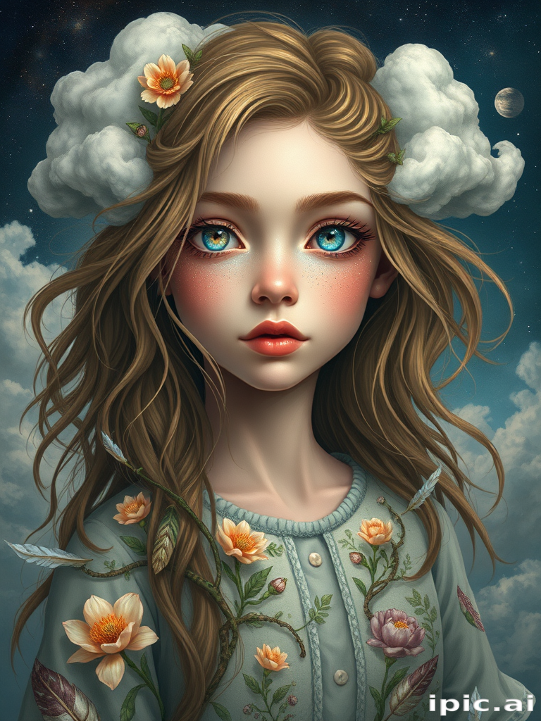 Create a series of imaginative portraits where each subject is infused with elements of fantasy and nature. The hair of the individuals should flow like clouds, varying from soft, fluffy cumulus to wispy cirrus strands, with hints of color reflecting a sunset or a clear blue sky. The eyes should be windows to entire galaxies, with stars, nebulae, and distant planets visible within them. Clothing should be adorned with nature motifs, such as floral patterns that bloom and change, vines that seem to grow and wrap around, or feathers that shimmer with iridescence. Each portrait should capture a unique personality, blending human features with the ethereal beauty of the natural and cosmic world. The backgrounds can vary, from starry night skies to enchanted forests, adding depth and context to the magical realism of the portraits