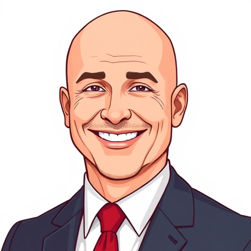 Create a digital illustration of a smiling businessman with a bald head wearing a suit and a red tie, using a 50mm lens, f/2.8 aperture for a shallow depth of field, a frontal view, and a high-resolution digital camera for enhanced clarity and color vibrancy.