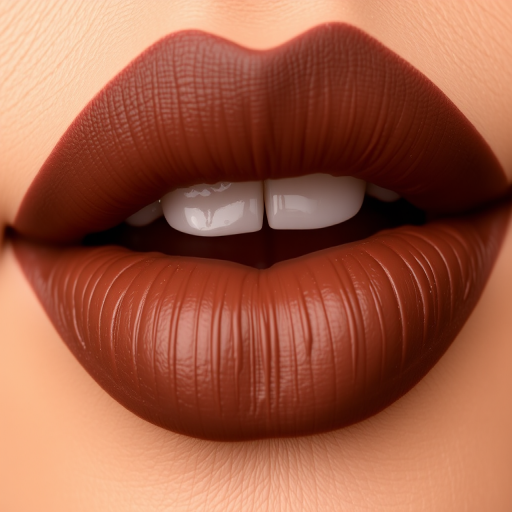 Rich chocolate brown lips with a creamy satin finish and warm undertones, known as "Cocoa Luxe Indulgence"