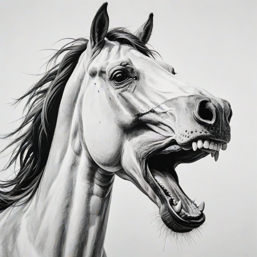 Abstract black and white acrylic portrait of an over exaggerated laughing (horse). Minimalism style. White background.