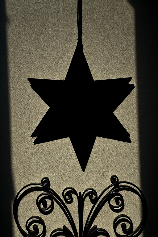 Create a high-quality black silhouette of a star with curvy decorative elements below, captured with a Canon EOS R5, 50mm lens, f/1.8 aperture, ISO 100, natural lighting, top-down view.
