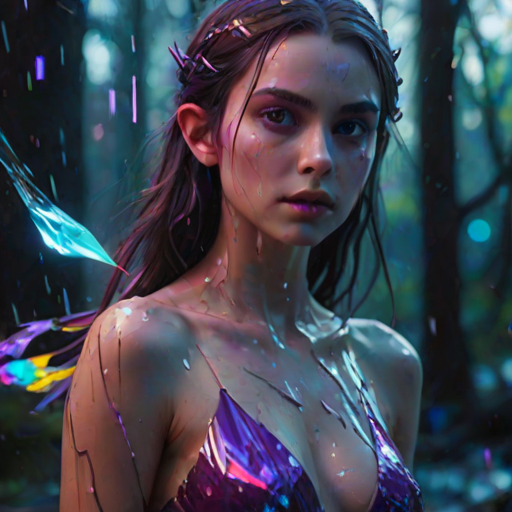 masterpiece, best quality, glitch, glitching, aesthetic, 8k unreal engine photorealism, ethereal lighting, purple, nighttime, darkness, surreal art, fantasy, glowing, Combine vibrant splashes of red, blue, yellow, and green, with swirling motions and color leaks to create an explosive and chaotic effect, broken glass, reflection, 1girl, elf, jewelry, upper body, split screen,